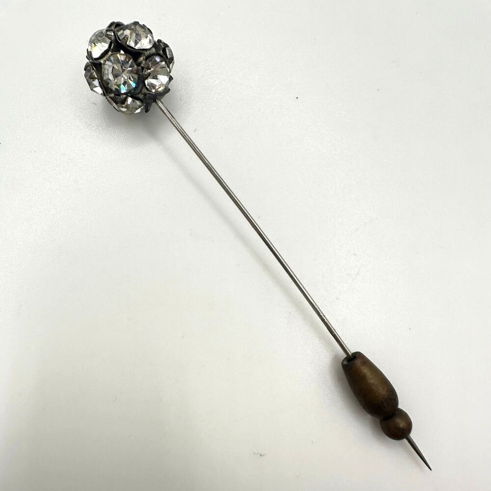 Antique Edwardian gold tone brass clear glass rhinestones ball stick pin brooch